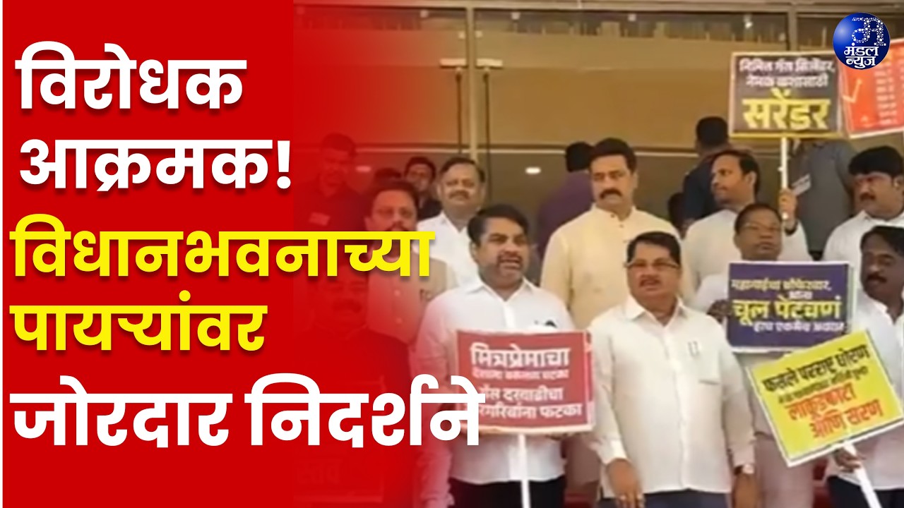“विरोधक आक्रमक! विधानभवनाच्या पायऱ्यांवर जोरदार निदर्शने” #Vidhansabha #VidhansabhaProtest