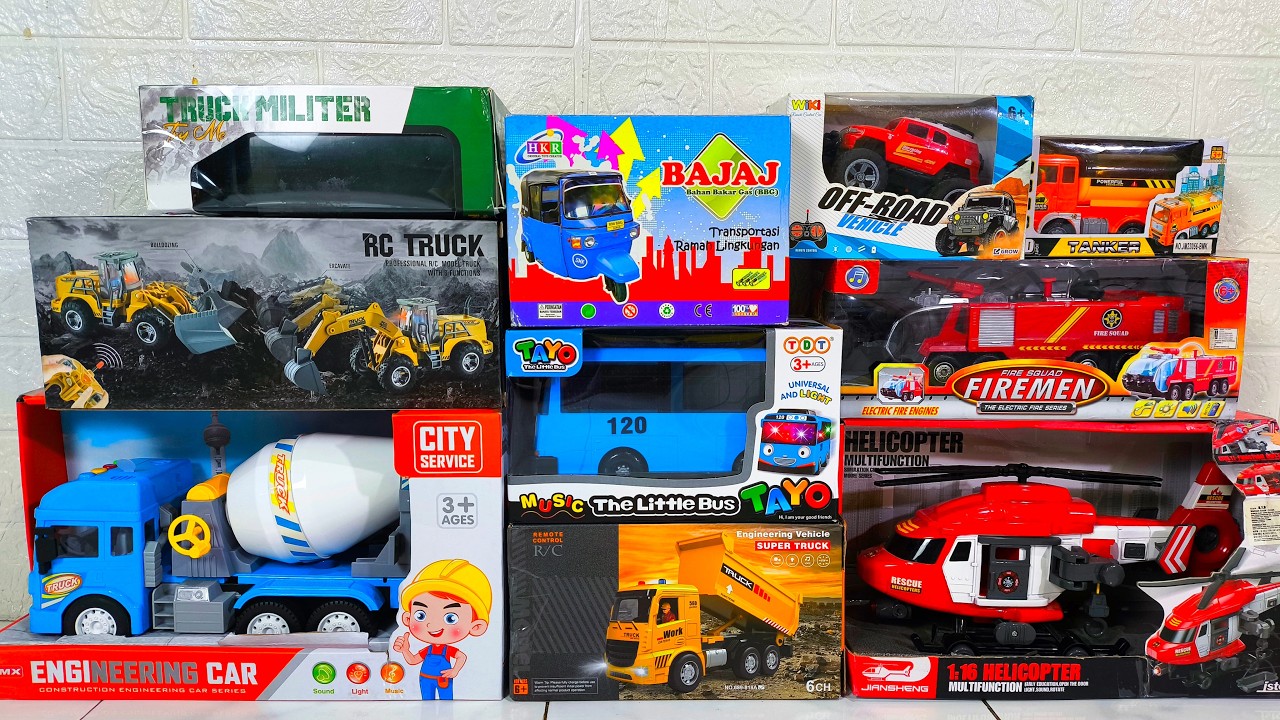 Unboxing Truk Pasir, Bus, Excavator, Truk Molen, Helicopter, Mobil Jeep, Bajai