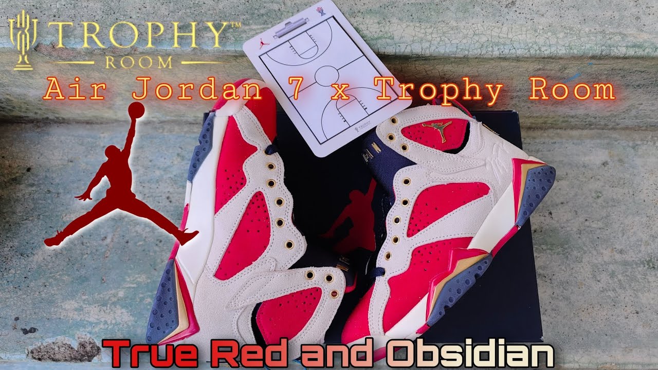 Detail look on Air Jordan 7 x Trophy Room True Red and Obsidian 