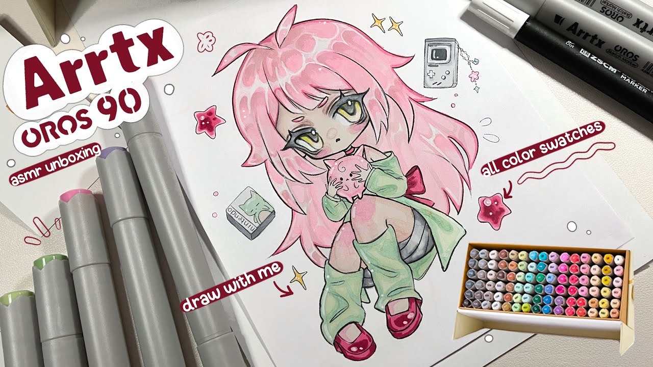 draw with me 🌱 ARRTX OROS 90 markers ꩜.ᐟ  [ all color swatches, asmr unboxing + chill music  ]