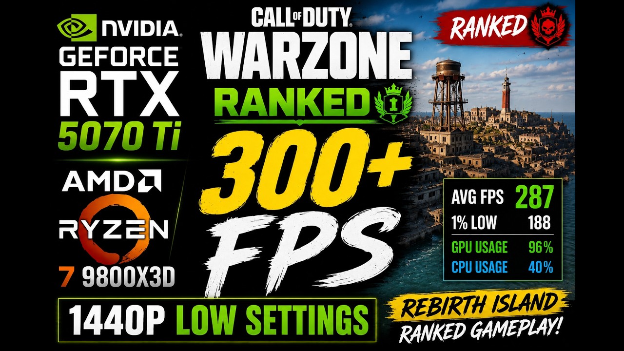 RTX 5070 TI + 7 9800X3D Warzone Benchmark | 1440p Low Settings Ranked Rebirth Island