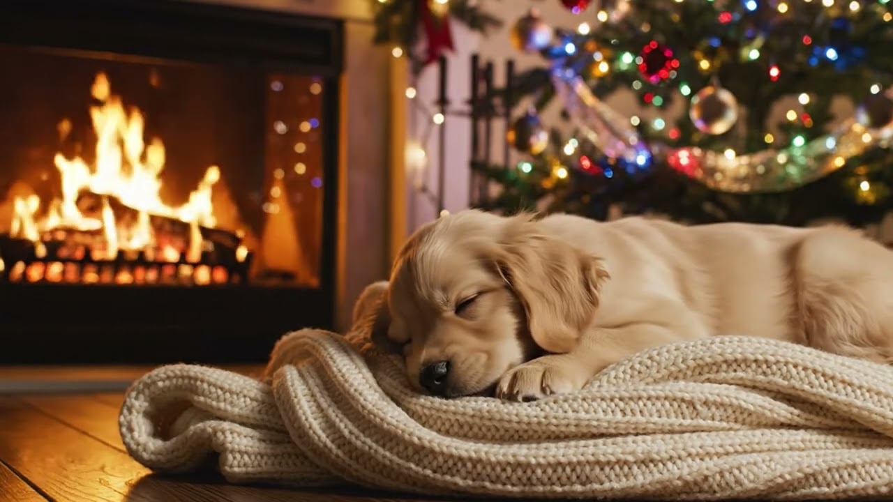 Cozy New Year Ambience 🎄 Sleeping Puppy, Fireplace Sounds | 2 Hours Background Relax Video