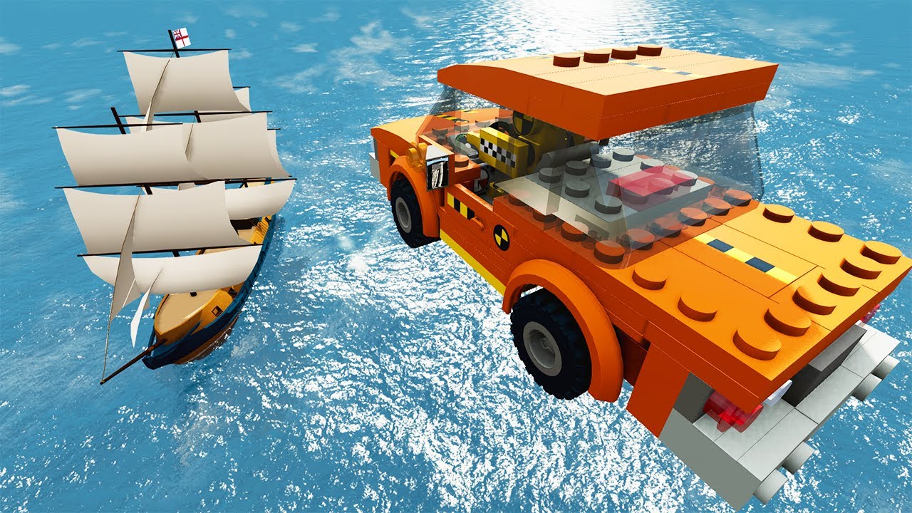 LEGO Car Jumping Into Hills, Boat, Volcano - BeamNG.Drive