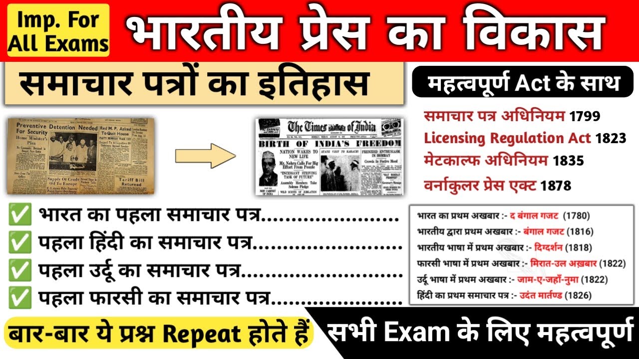भारतीय प्रेस का विकास | समाचार पत्रों का इतिहास | Newspaper history | Modern history | Study vines