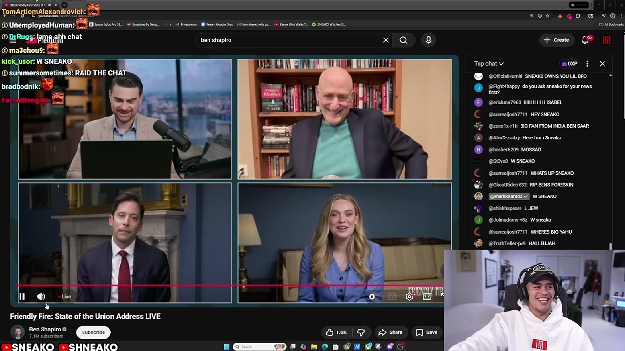SNEAKO loses it after his chat bombards Ben Shapiro’s YouTube stream with “Free Palestine”
