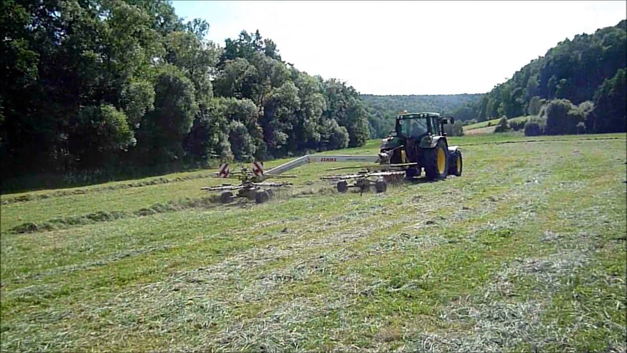 3 Schnitt 2013 Schwaden mit John Deere 6410 und Claas Linder 650 Twin