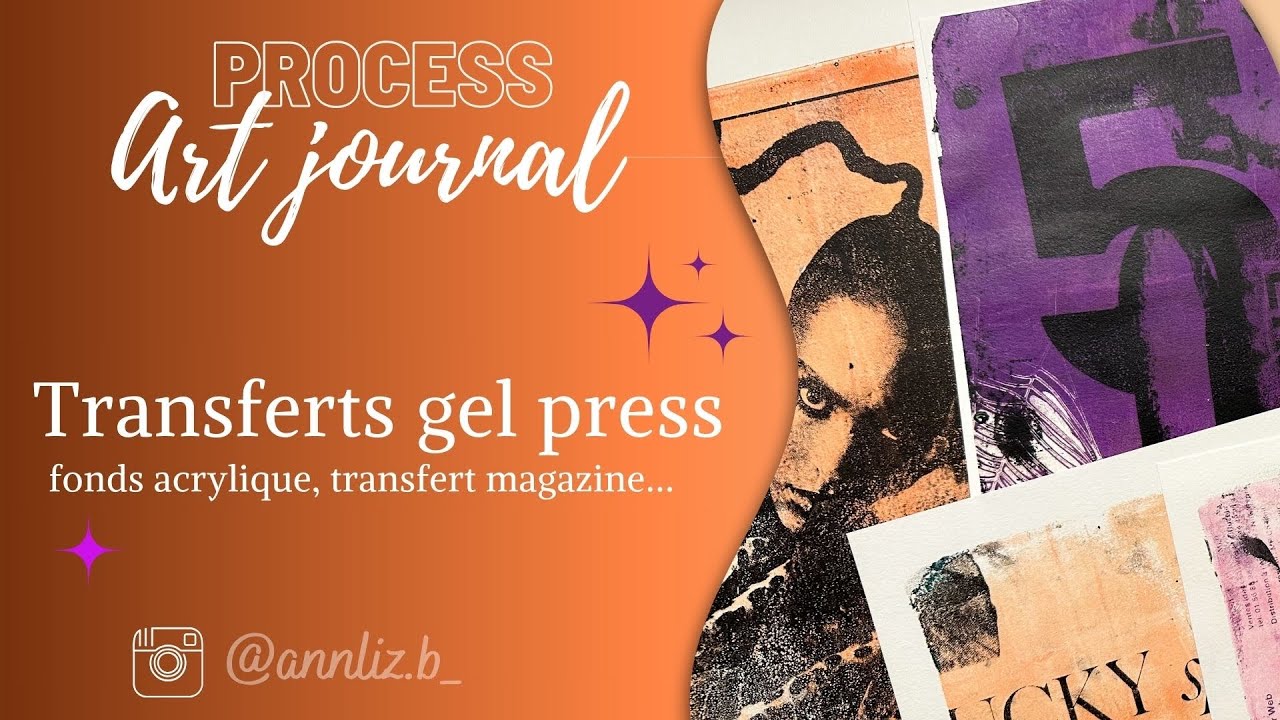 Session gel press : transfert magazine, fond acrylique uni, plaque de texture, pochoir …