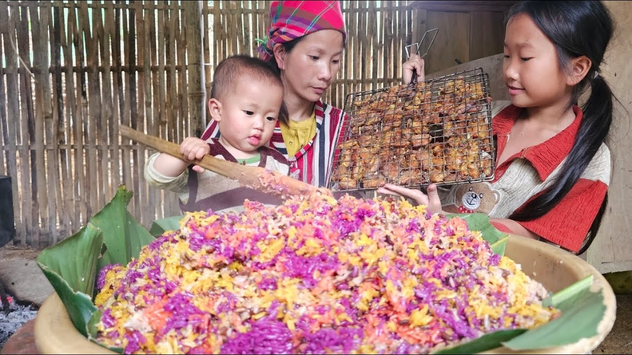 mother cooks lam rice and grills meat, daughter goes to pick cabbage