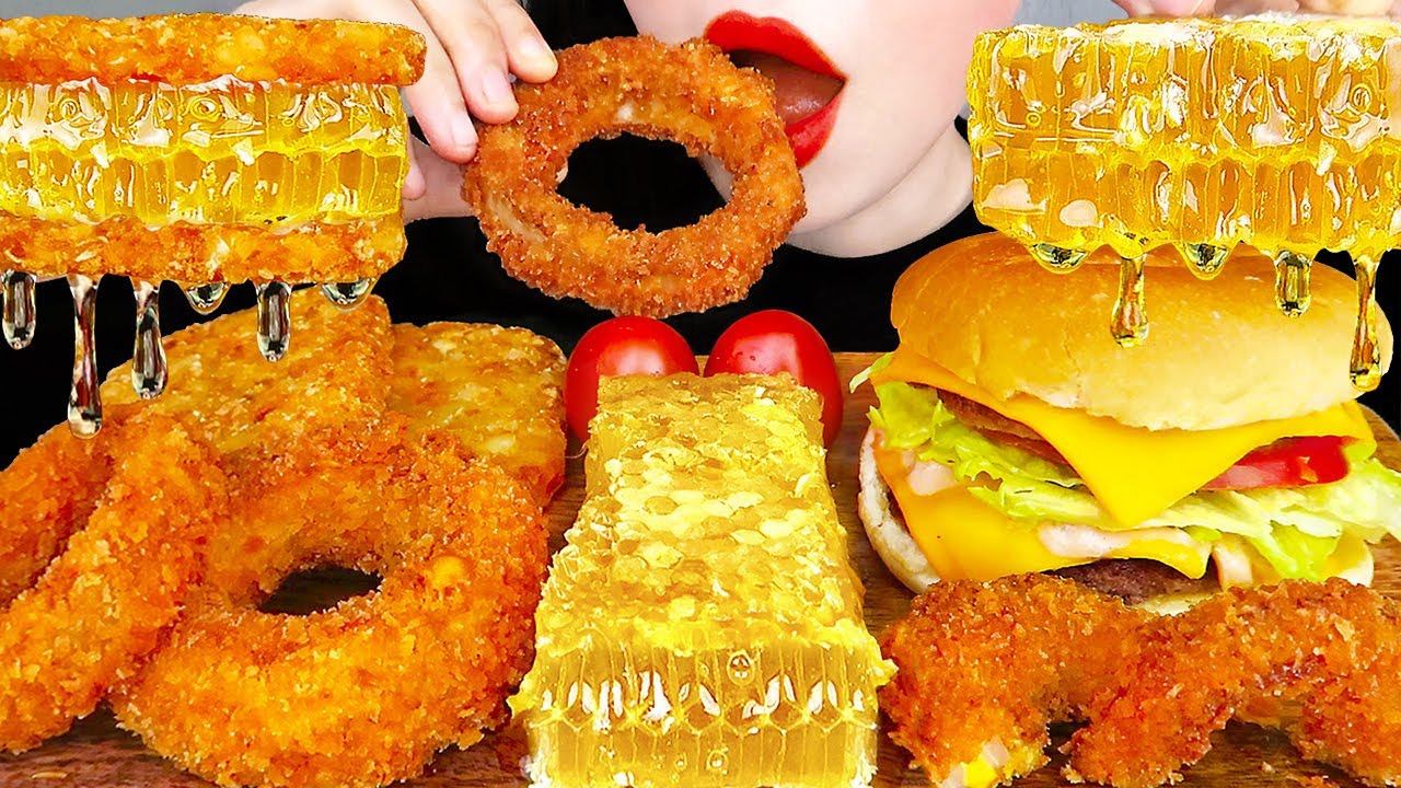 ASMR ДВОЙНОЙ ЧИЗБУРГЕР, СОТЫ, ЛУКОВЫЕ КОЛЬЦА