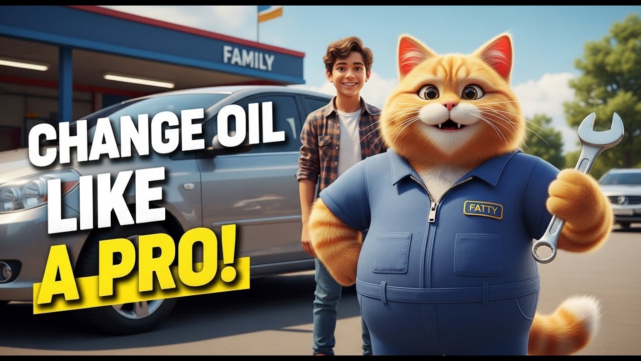 Fatty the Cat Mechanic 🐱 | Teaching a Teen How to Change Car Oil 🚗