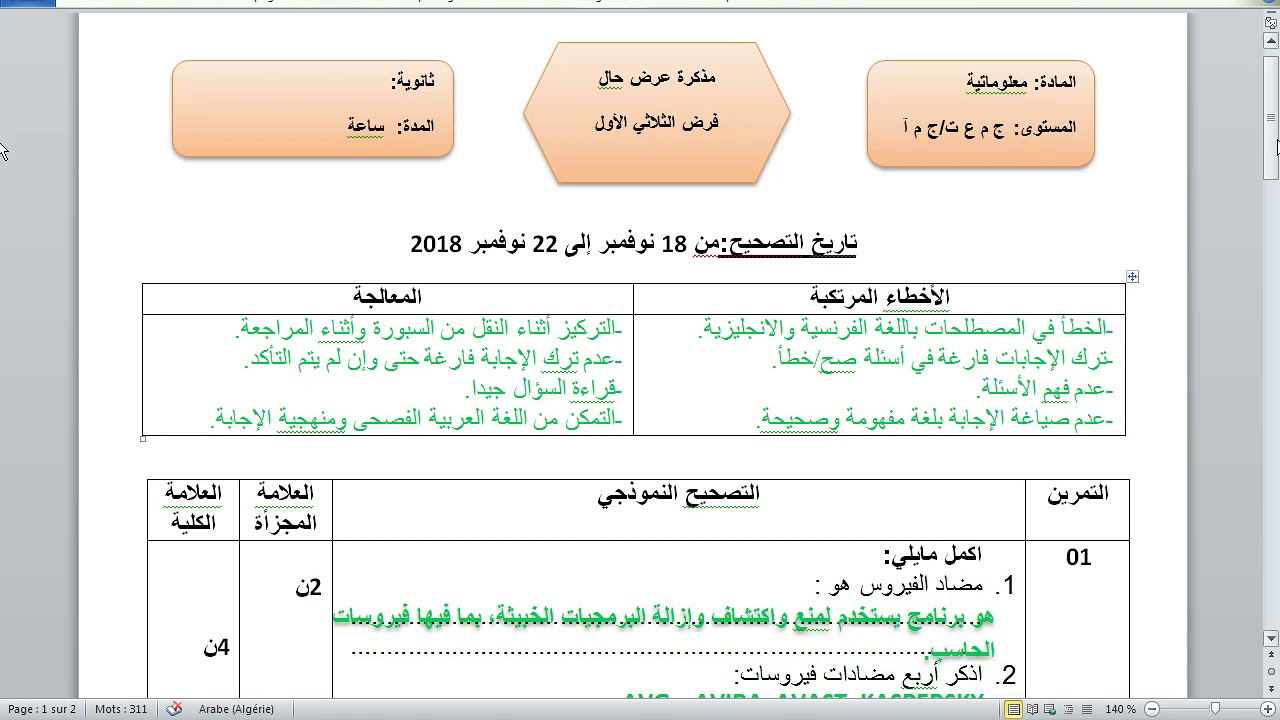 فرض الفصل الأول ج م ع ت /ج م آ سنة أولى ثانوي معلوماتية مع مذكرة تصحيح الفرض