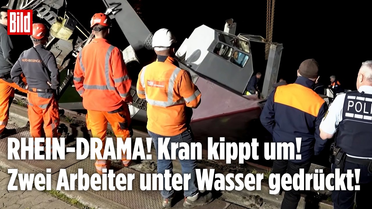BADEN-W&Uuml;RTTEMBERG: Dramatisch! Kran kippt in den Rhein - zwei Arbeiter unter Wasser gedr&uuml;ckt