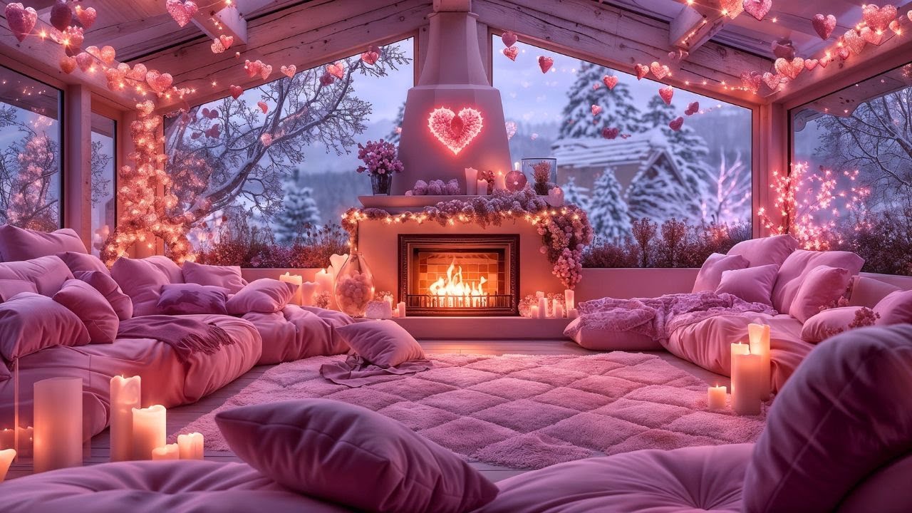 💖Sweet Valentine’s Pink Snow Porch 💕❄️🔥 Dreamy Jazz & Warm Fireplace Ambience for Deep Chill & Relax