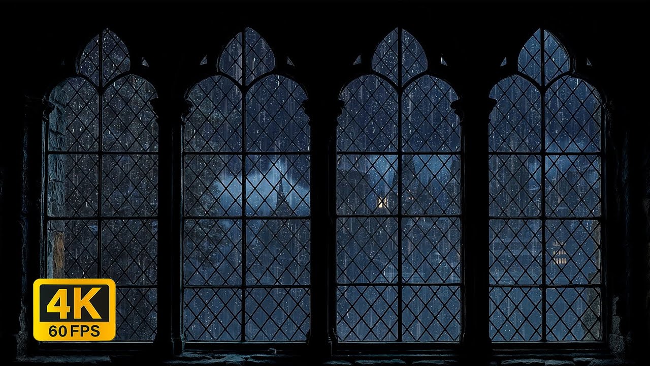 4K Hogwarts Night Rain Window View - Harry Potter Ambience for Sleep & Study