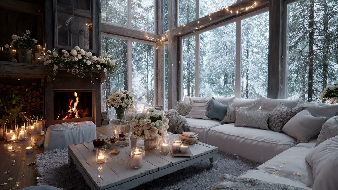 Restful Sleep with Piano Music: Snowy Winter Cabin and Crackling Fireplace for Dreaming