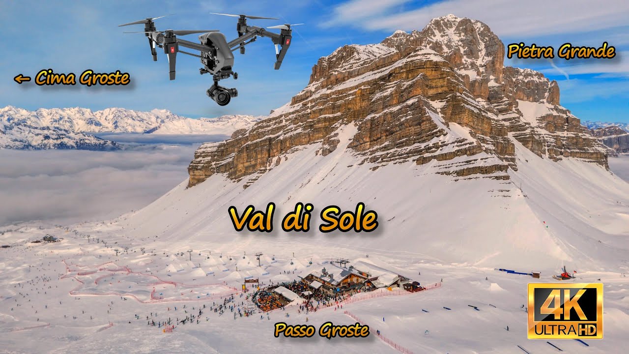 Val di Sole - panoramy Passo Groste, Cima Groste i Cima Pietra Grande z perspektywy drona 4K