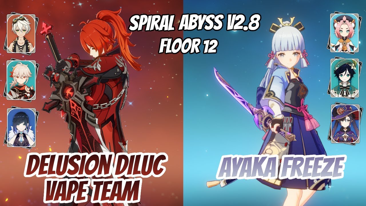 Diluc (New Skin) Vape Comp. w/ Kazuha & Ayaka Freeze Abyss v2.8 Floor 12 (9 Stars) | Genshin Impact