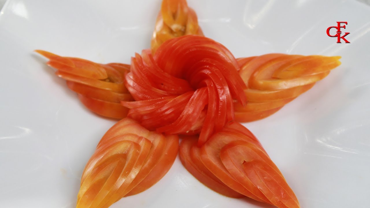 Gorgeous Garnish of Tomato Flowers Carving Designs | By Chansok Fruit Art