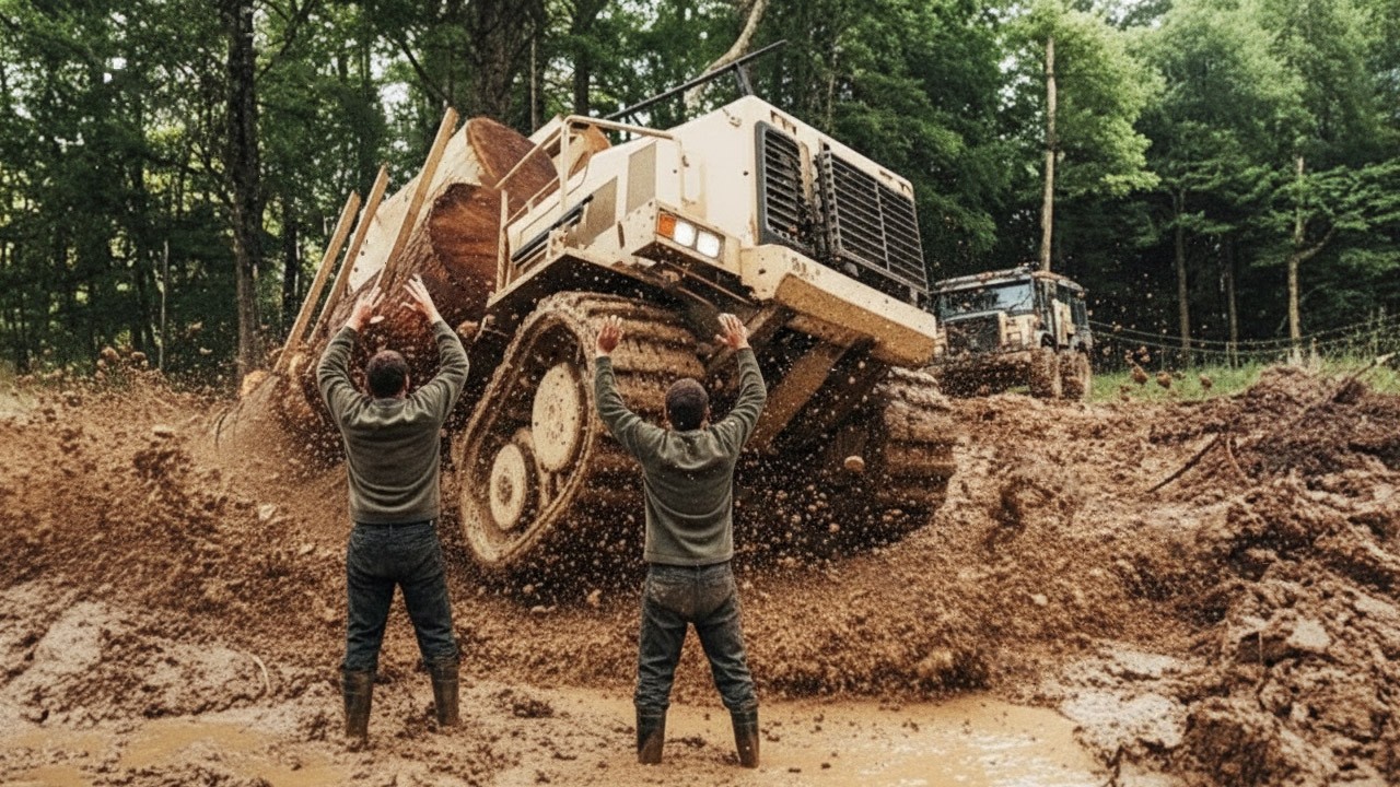 Engine Roars as Heavy Truck Fights the Mud - The Ground Gives Way and the Truck Is Stuck