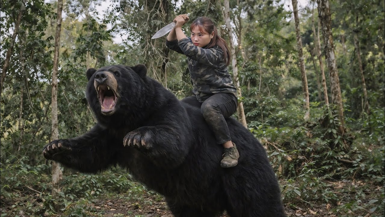 Pigeon trapping skills, an encounter with a ferocious giant black bear, survival alone