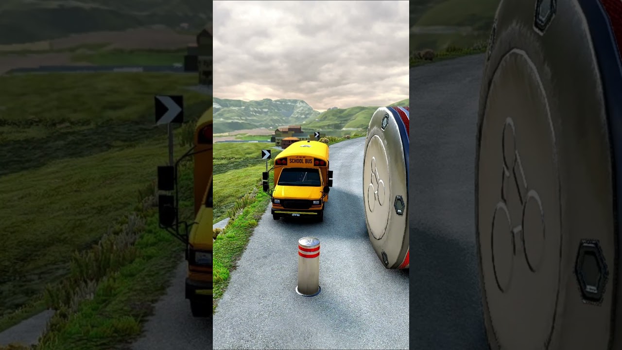 School Bus & Ambulance Van vs Giant Bollards CRASH | BeamNG Drive #beamng #shorts