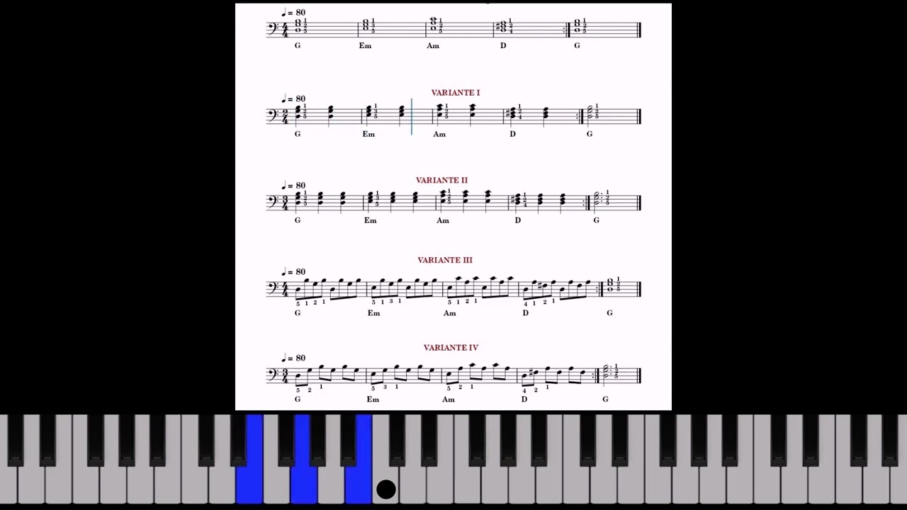 🎹Ejercicio 77B. Acordes: G (Mayor), Em (Menor), Am (Menor), D (Mayor). Clave de Fa. (Mano Izquierda)