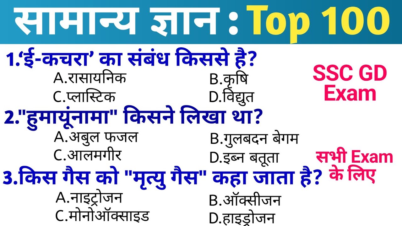 Gk questions answers in Hindi | general knowledge in Hindi | Top 150 GK/GS questions | SSC GD Exam