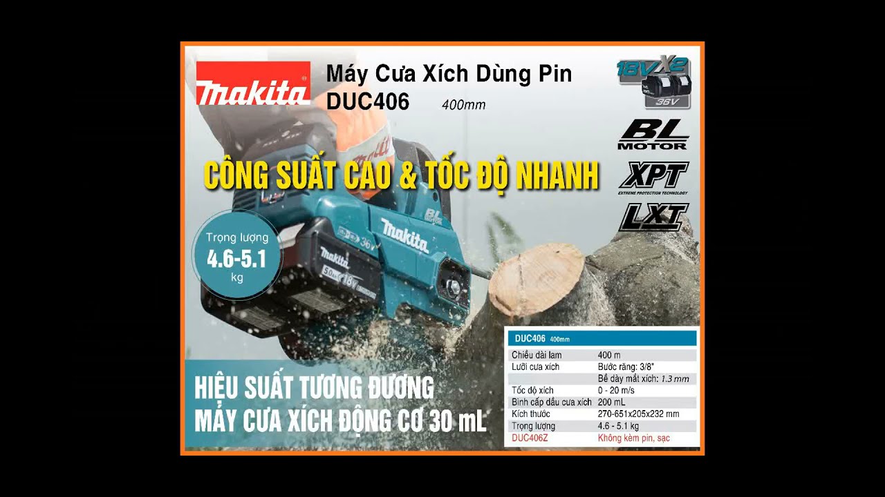 M&aacute;y cưa x&iacute;ch d&ugrave;ng pin Makita DUC406 mạnh cỡ n&agrave;o?