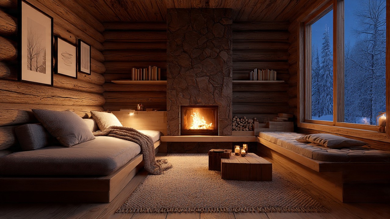 Peaceful Winter Jazz at Lake Cabin ❄️ Fireplace Ambience for Productivity