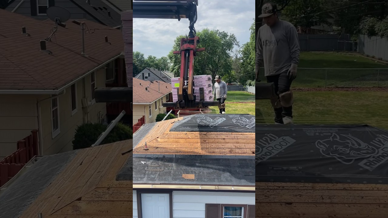 Skylift and boom lift to bring shingles onto the roof.