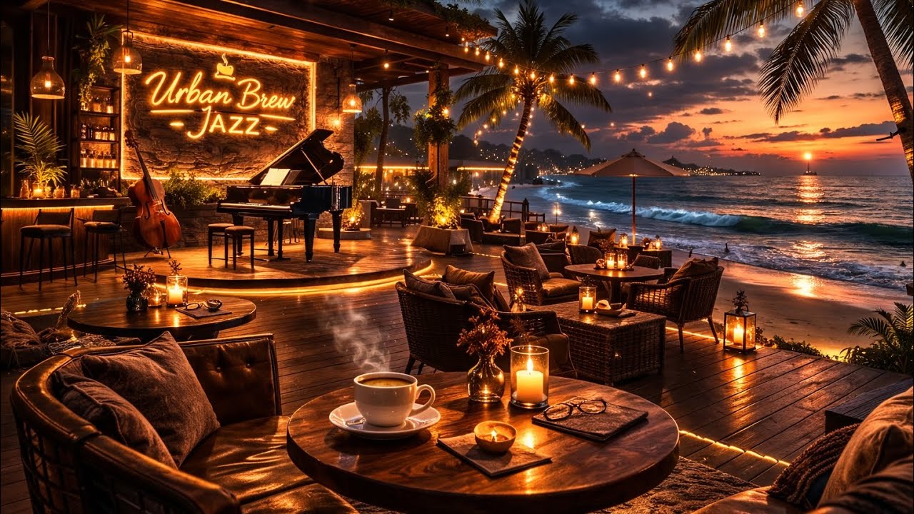 Smooth Jazz Beach Café ☕ Sunset Ocean Ambience with Relaxing Piano & Coastal Evening Vibes