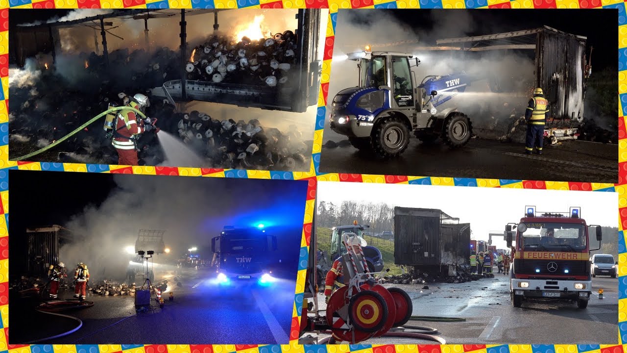 * A8 - Großeinsatz von Feuerwehr & THW * [VOLLSPERRUNG] - LKW-BRAND mit Baumwollrollen beladen - [E]