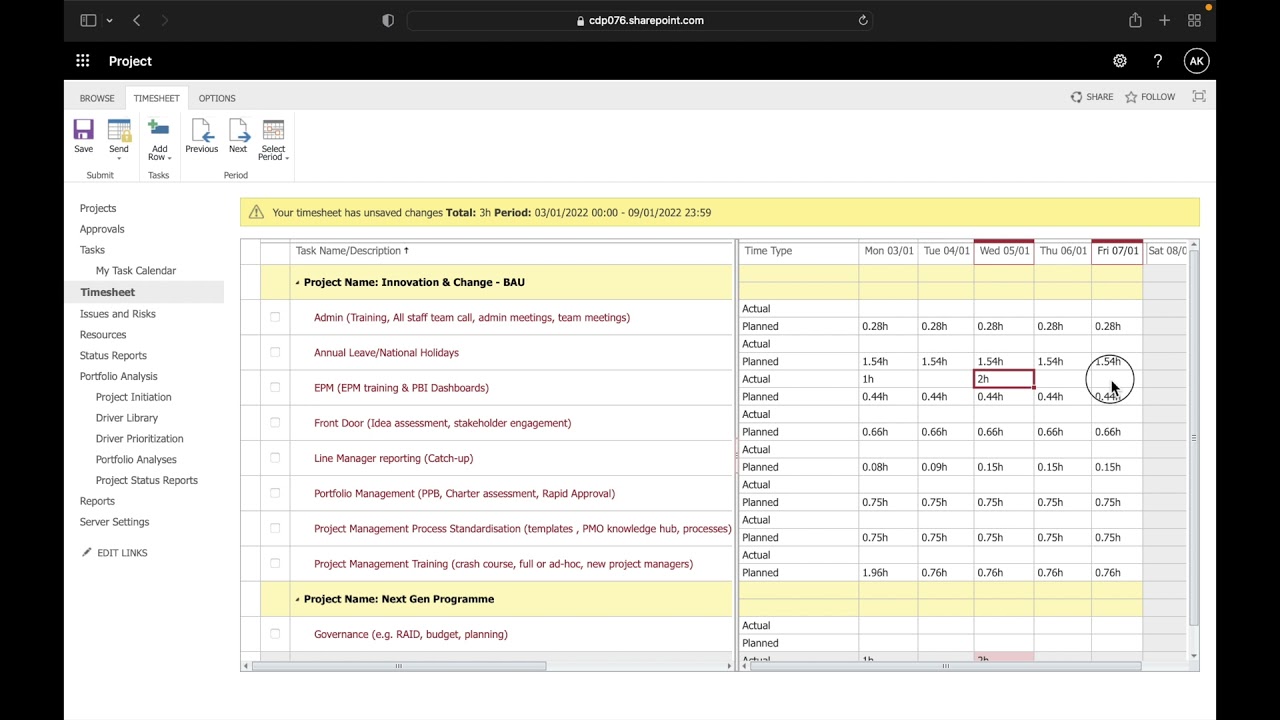Submit Timesheets: MS Project Online