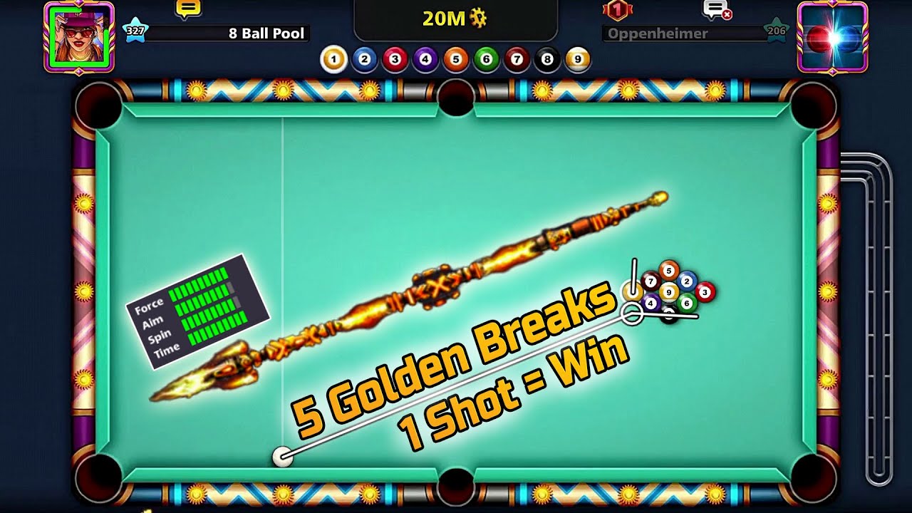 8 Ball Pool - Firestorm Cue Best 5 Golden Breaks 💪 9 Ball Pool Trick 1 Shot = Win