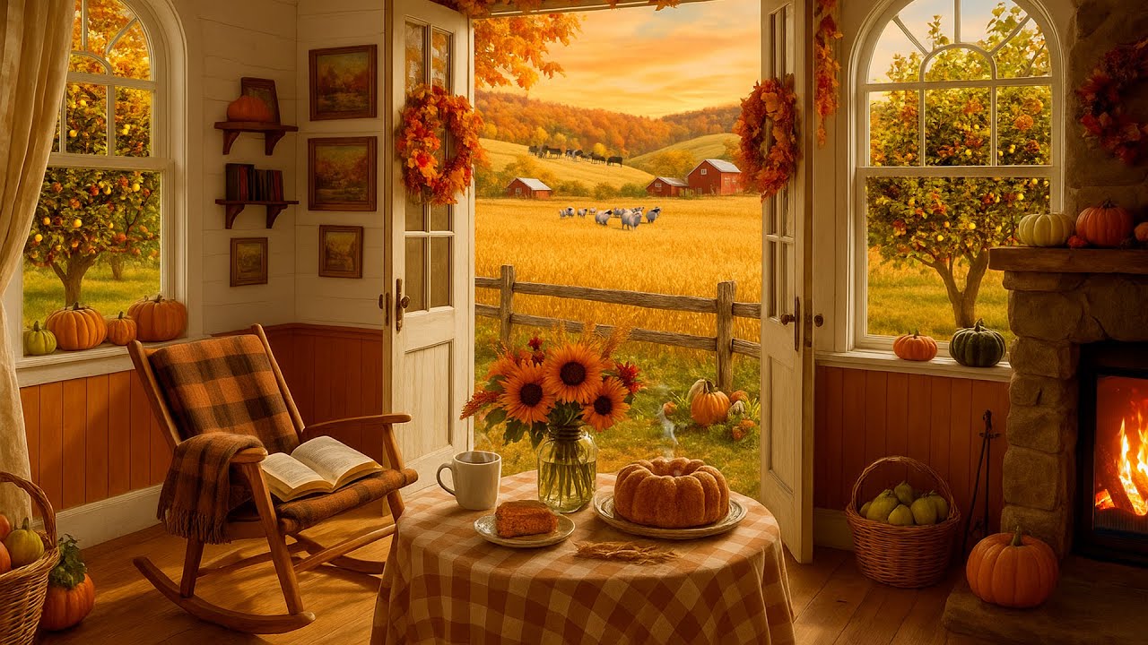 Autumn Farmhouse Ambience 🍂 | Cozy Fireplace, Warm Sunshine & Peaceful Countryside Sounds