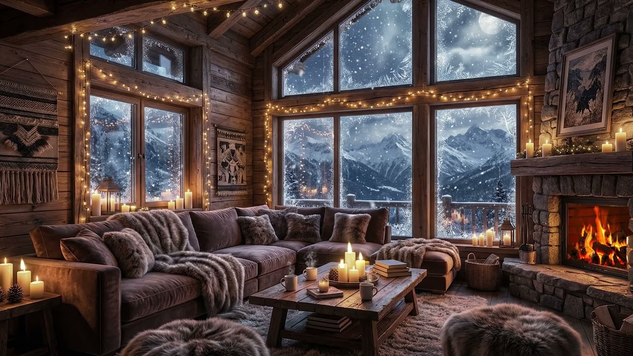 Healing ASMR Winter Room Ambience for Stress Recovery with Snowfall and Warm Fire Sounds