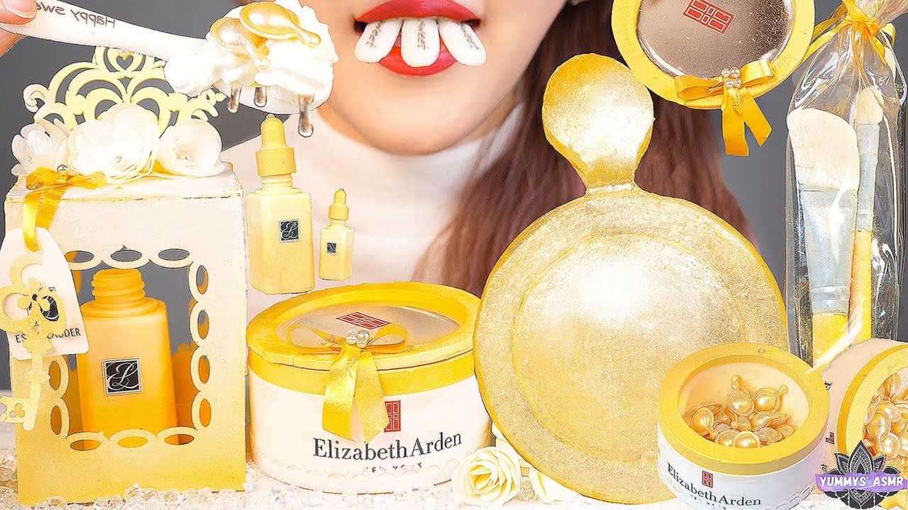 ASMR mukbang 🌟 EDIBLE winter gold cosmetics box, brush gold ampoule dessert eating sound 화장품 먹방 咀嚼音