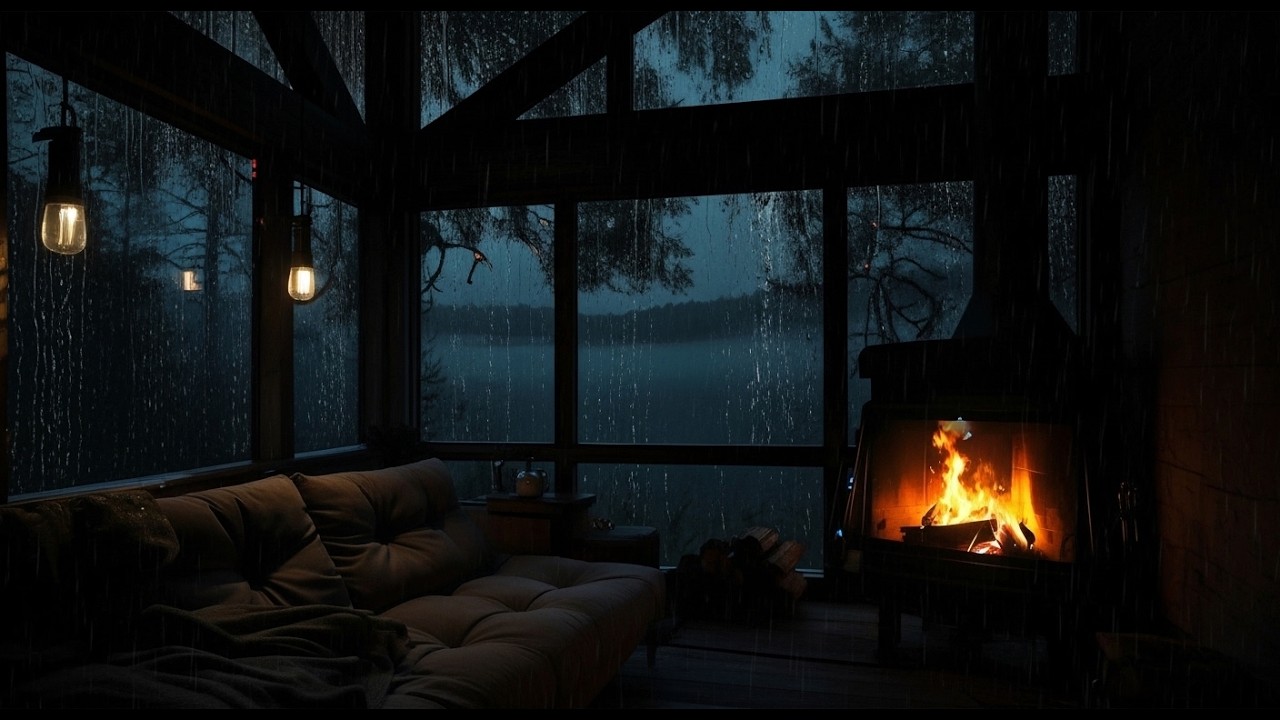Rainy in Cabin Night Ambience with Crackling Fireplace & Rain Sounds for Sleeping
