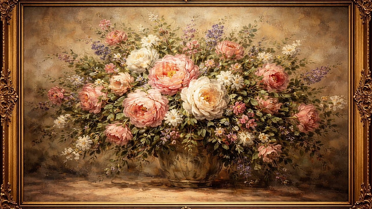 Vintage Floral Oil Painting in Gold Frame | Calm Aesthetic Art