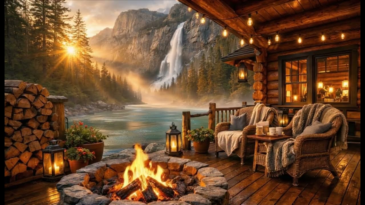 Golden Sunrise Riverside Cabin ☀️ Cozy Campfire & Calming Music Ambience