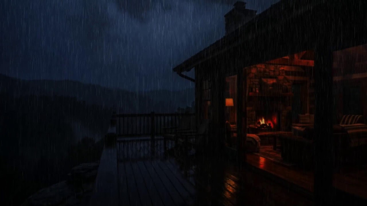 Trapped in a Rainstorm at a Mountain Cabin 🌧️ Fireplace Ambience for Deep Sleep & Focus
