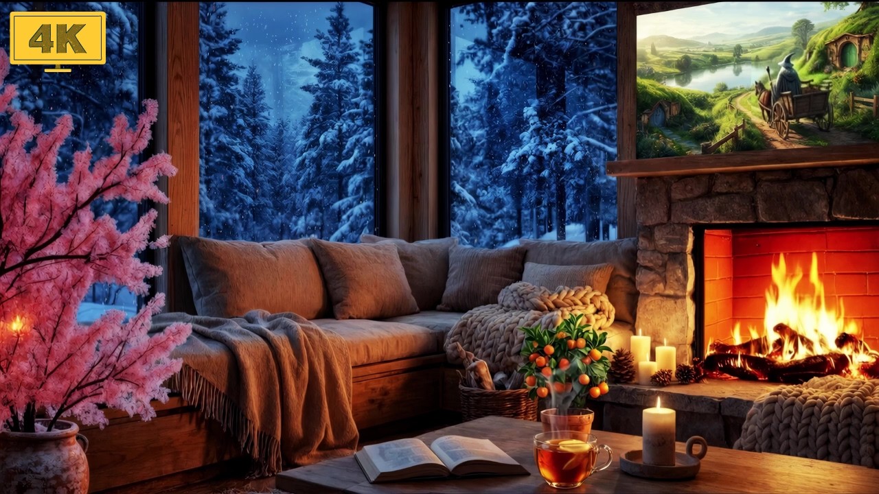 Cozy Snowy Forest Cabin Night ❄️ Celtic Folk Ambience & Crackling Fire for Relaxing