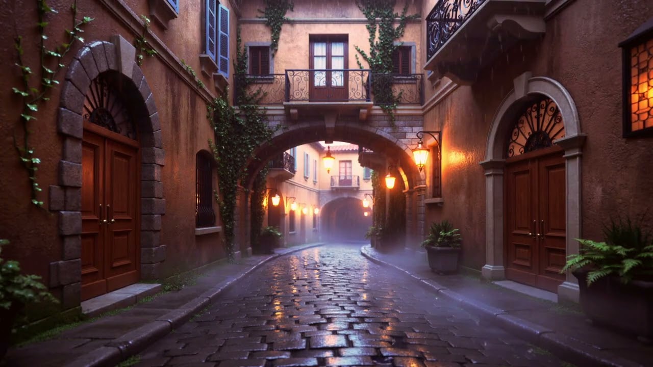 Rain on Cobblestones in Europe Ambience- Travel Ambience with Piano for studying, relaxing, & more