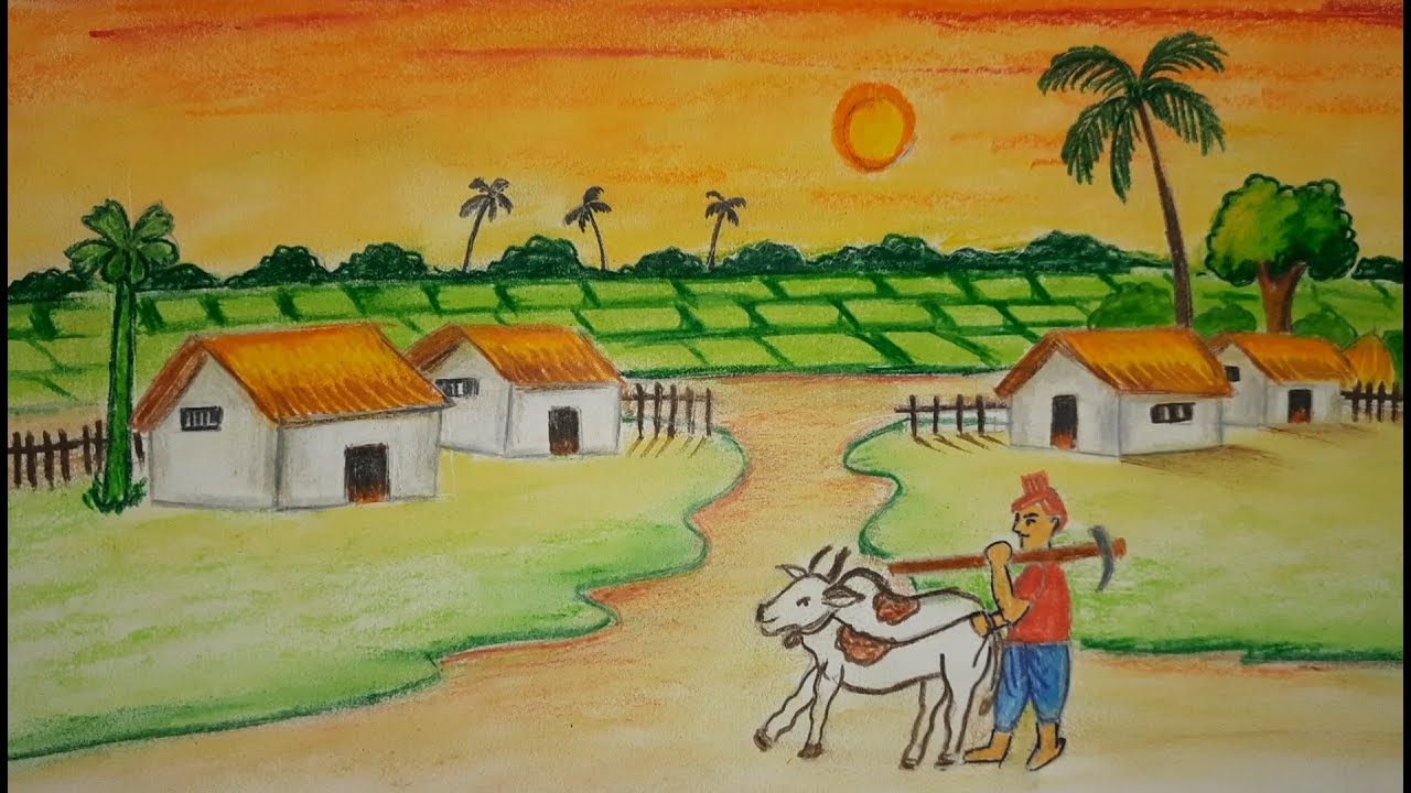 How to draw beautiful village scenery (landscape)very easy for beginners |beautiful nature scenery