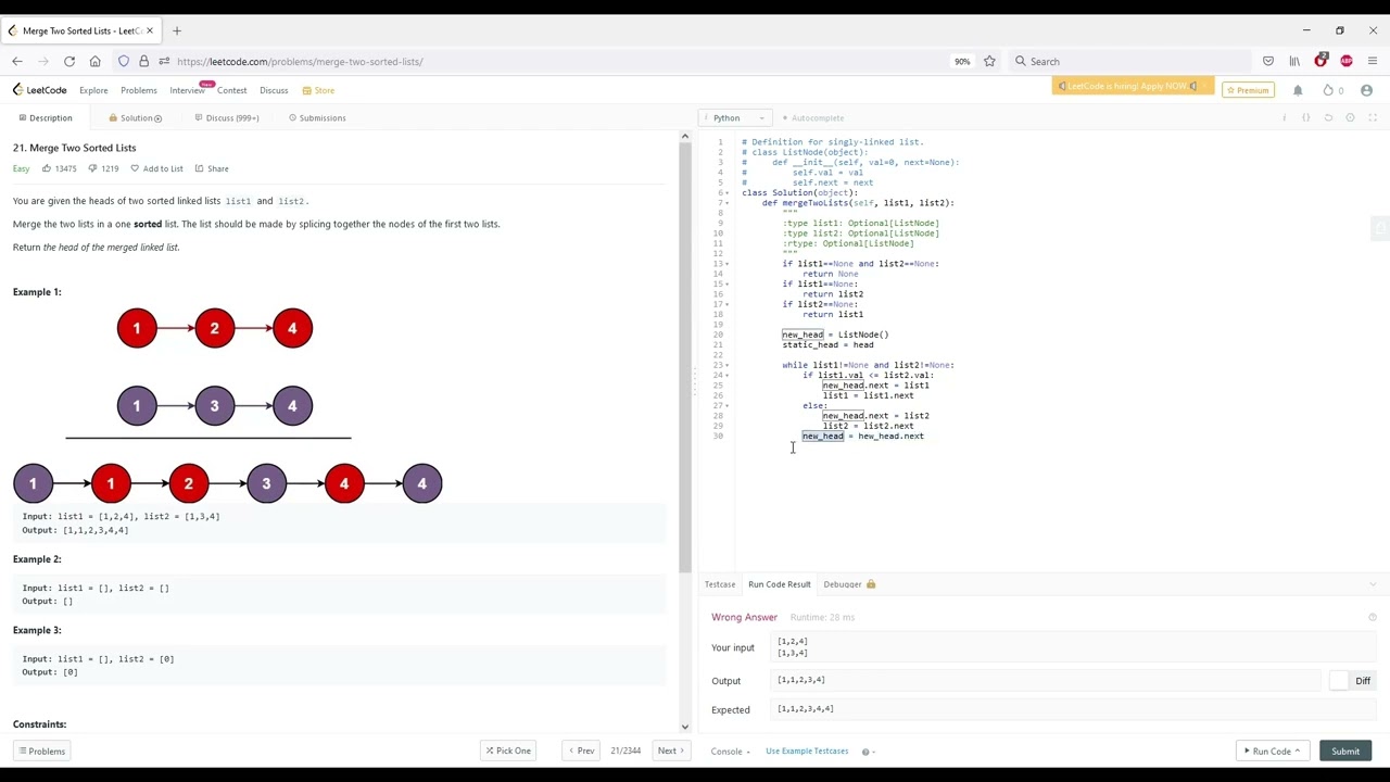 LeetCode 21. Merge Two Sorted Lists - Python