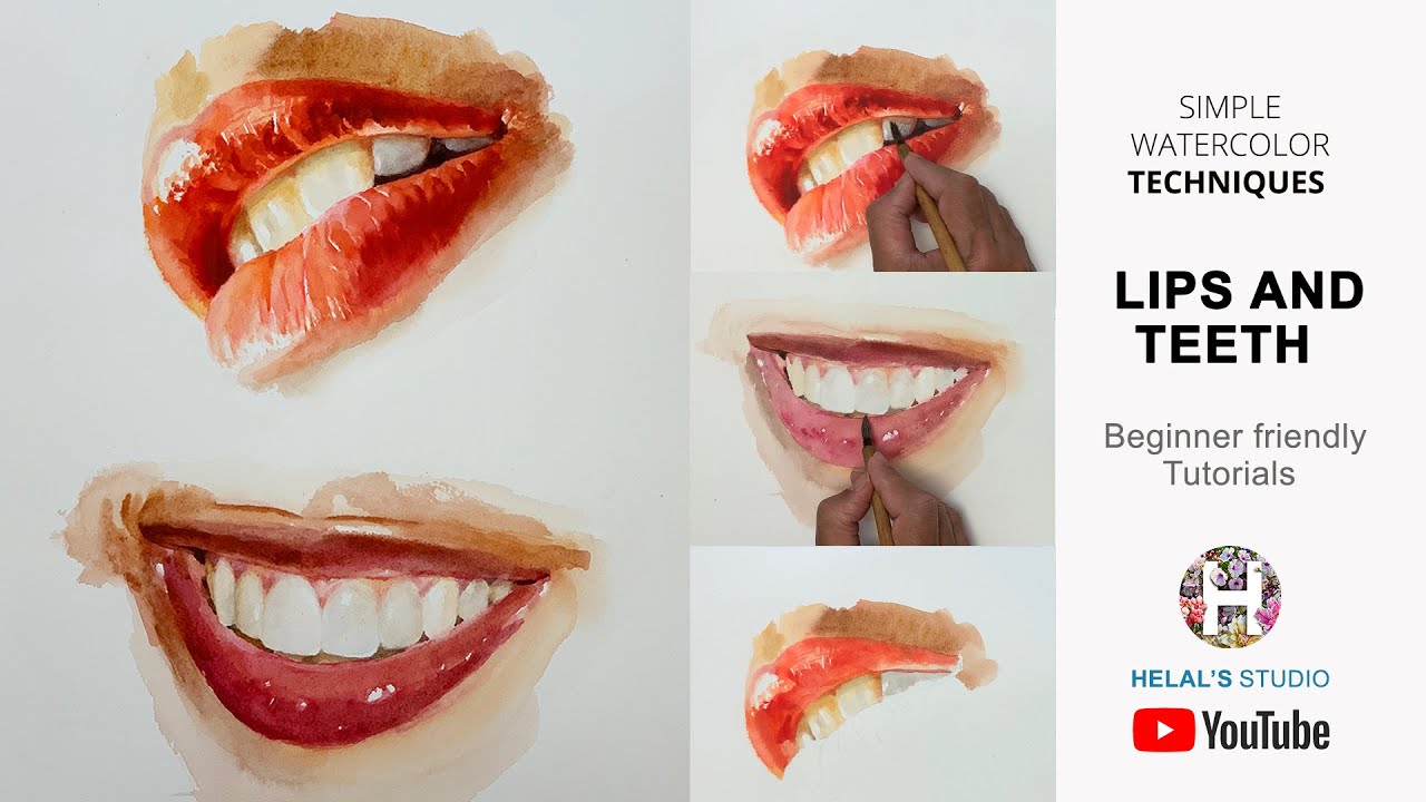 Step by Step Watercolor | Lips | Teeth | Mouth | Beginner tutorials| HELAL'S STUDIO