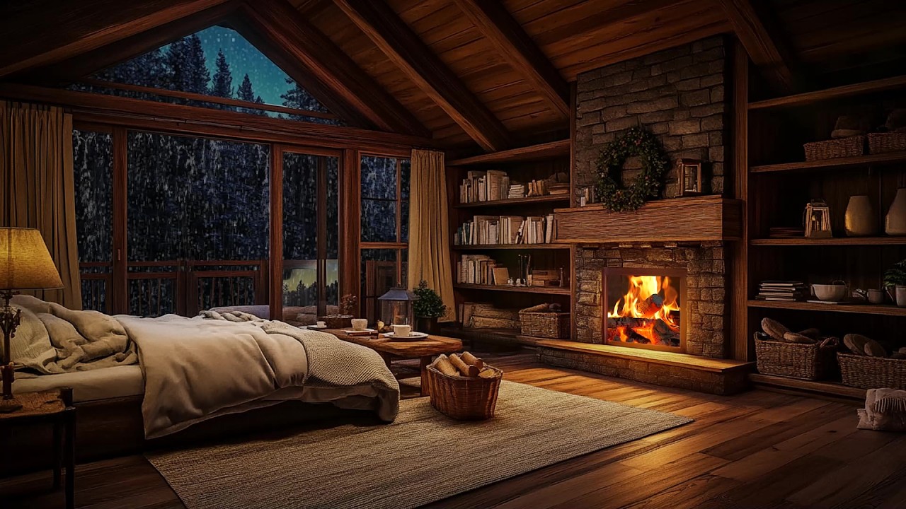 🌧️ Heavy Rain Outside a Warm Mountain Cabin Bedroom | Window Rain & Fireplace Glow | Deep Sleep
