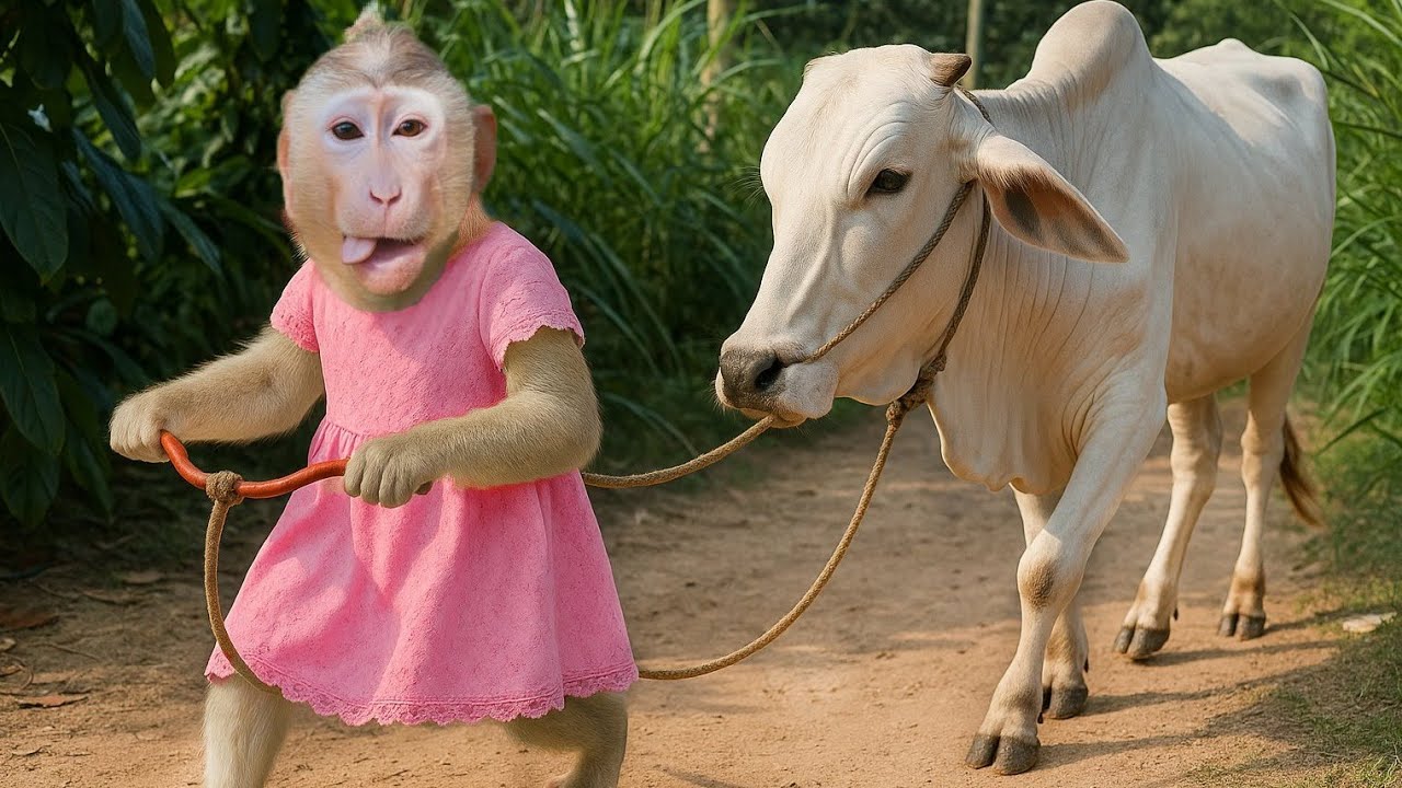 Shally tried to run away from the cow but the cow liked Shally very much
