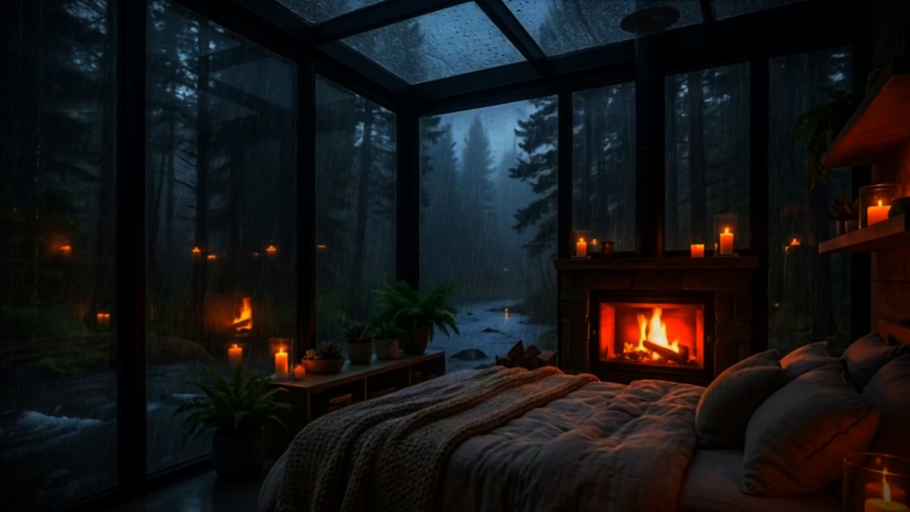 Heavy Rain in a Cozy Glass Cabin | Rain Sounds For Sleeping, Fireplace & Forest Night Ambience 🌧️🔥