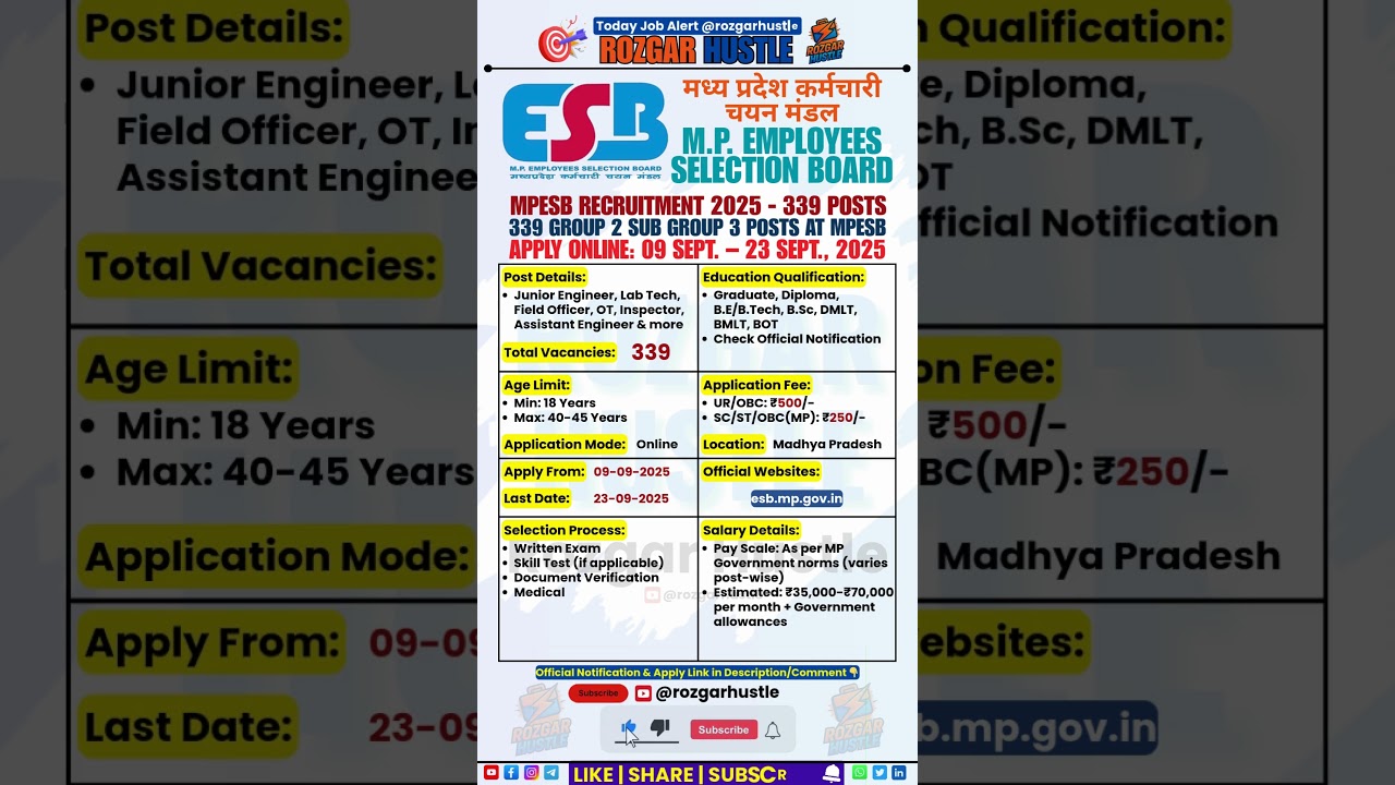 MPESB Group 2 Sub Group 3 Recruitment 2025 &ndash; Apply Online 339 Graduate Posts #shorts #job #govtjobs